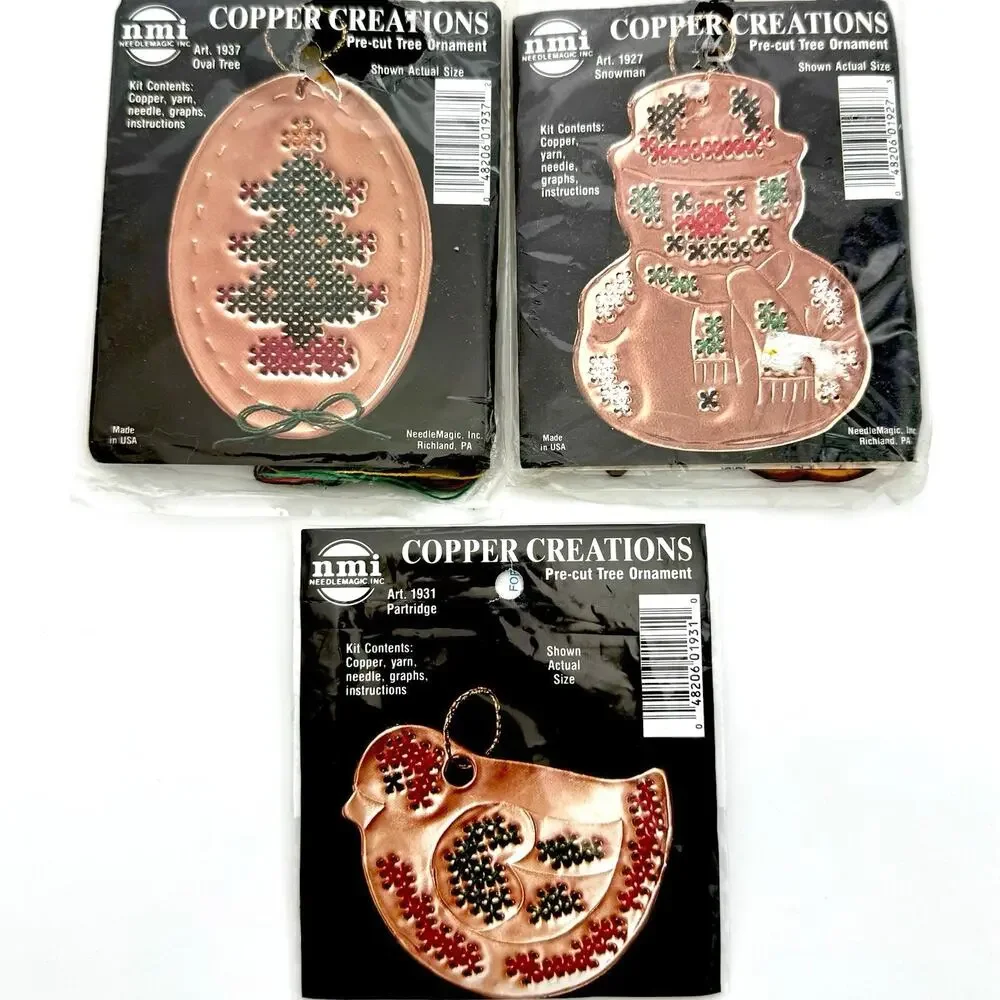 3 Vintage Copper Creations Punch and Stitch Cross Stitch Christmas Ornament Kits